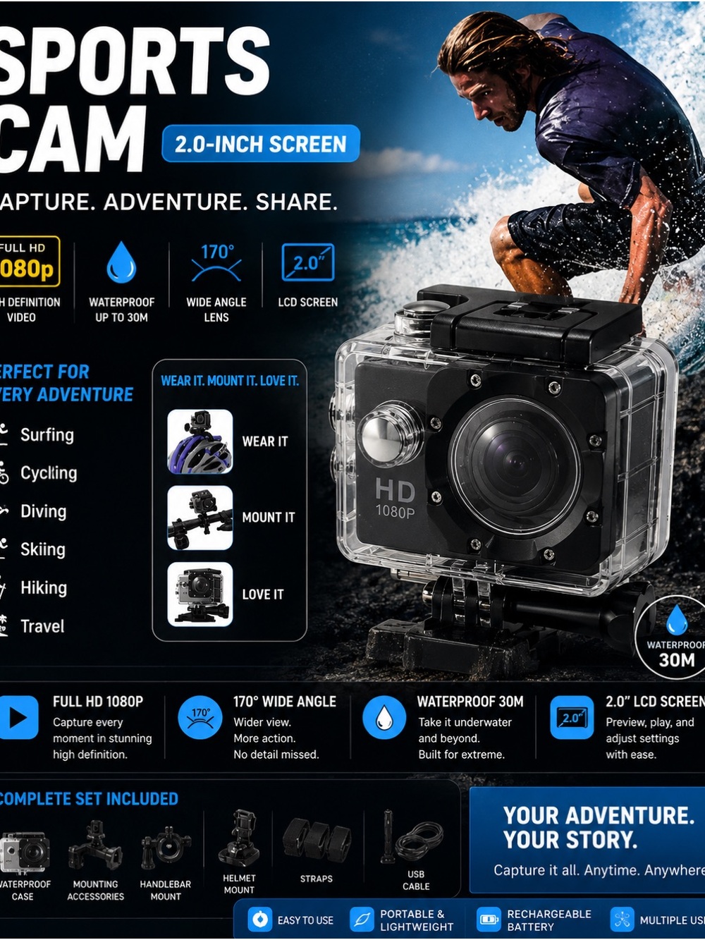 Black HD 1080P Sports Action Camera with Waterproof Case